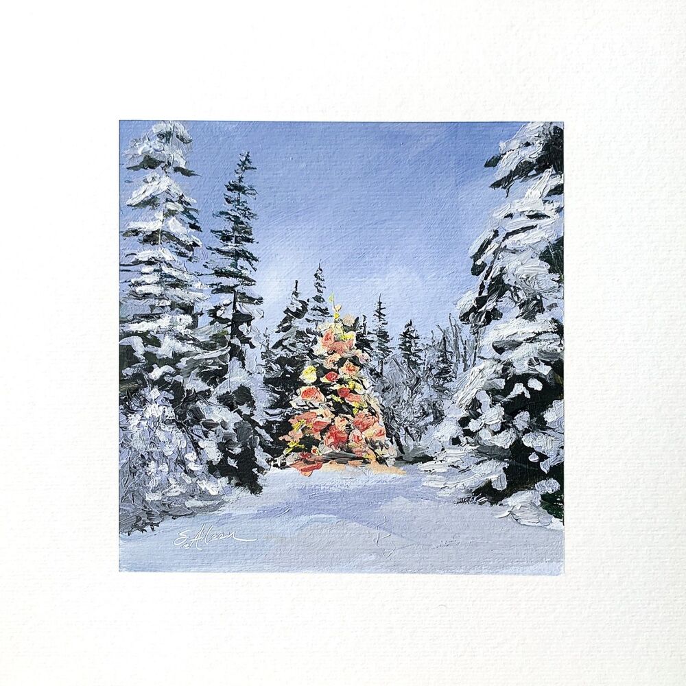 8x8 Original Oil Painting Christmas Tree w/ Lights Forest Calm Nocturne Signed